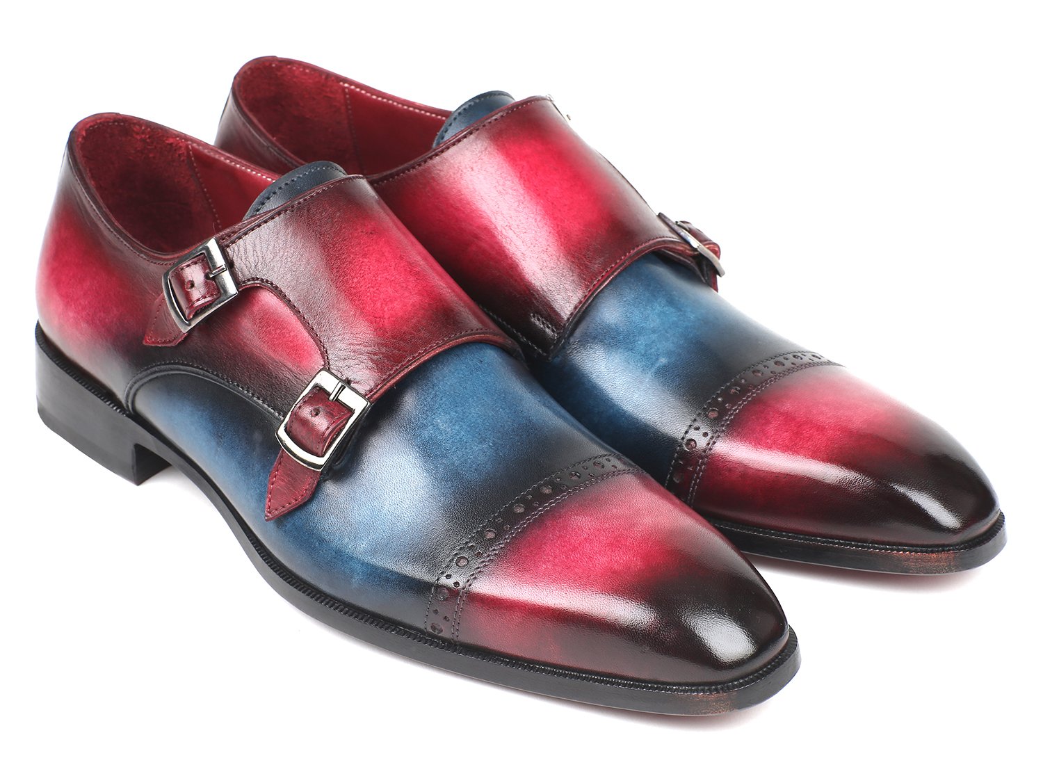Paul Parkman ''045BFX81'' Blue & Fuxia Genuine Bordeaux leather Captoe Double Monkstraps Shoes.